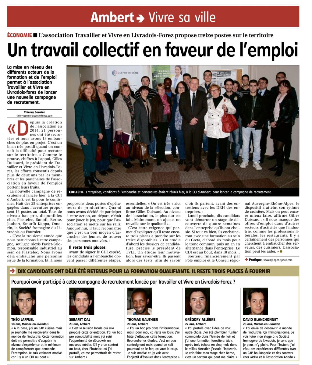 "Un travail collectif en faveur de l'emploi" - La Montagne 04/11/2016