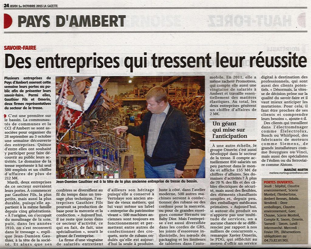 "Des entreprises qui tressent leur réussite" - La Gazette 01/10/2015