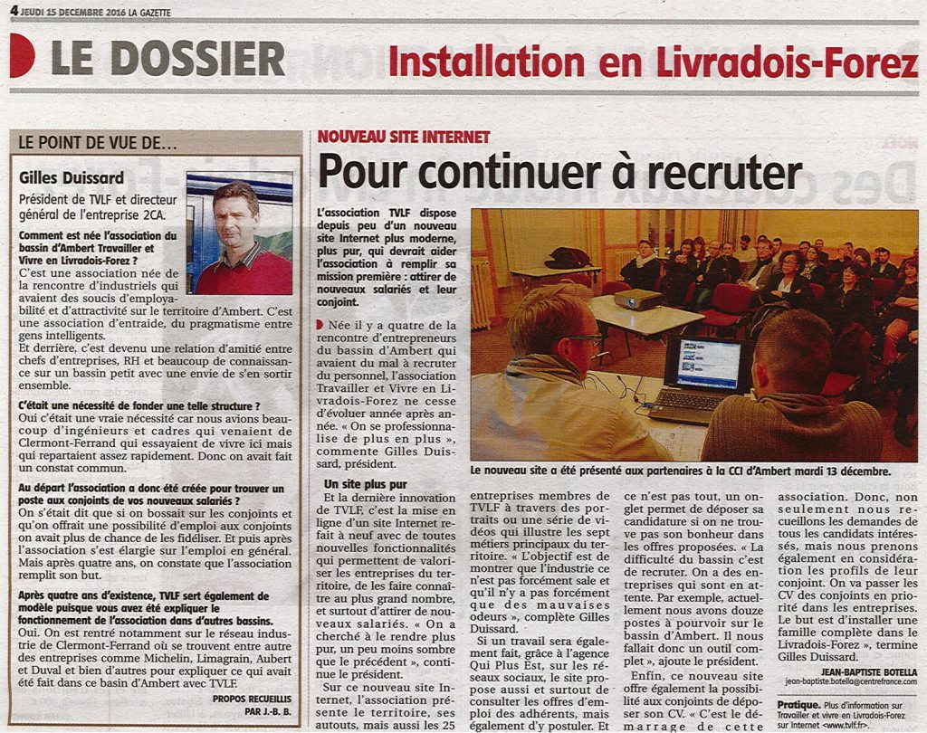 "Pour continuer à recruter" - La Gazette 15/12/2016