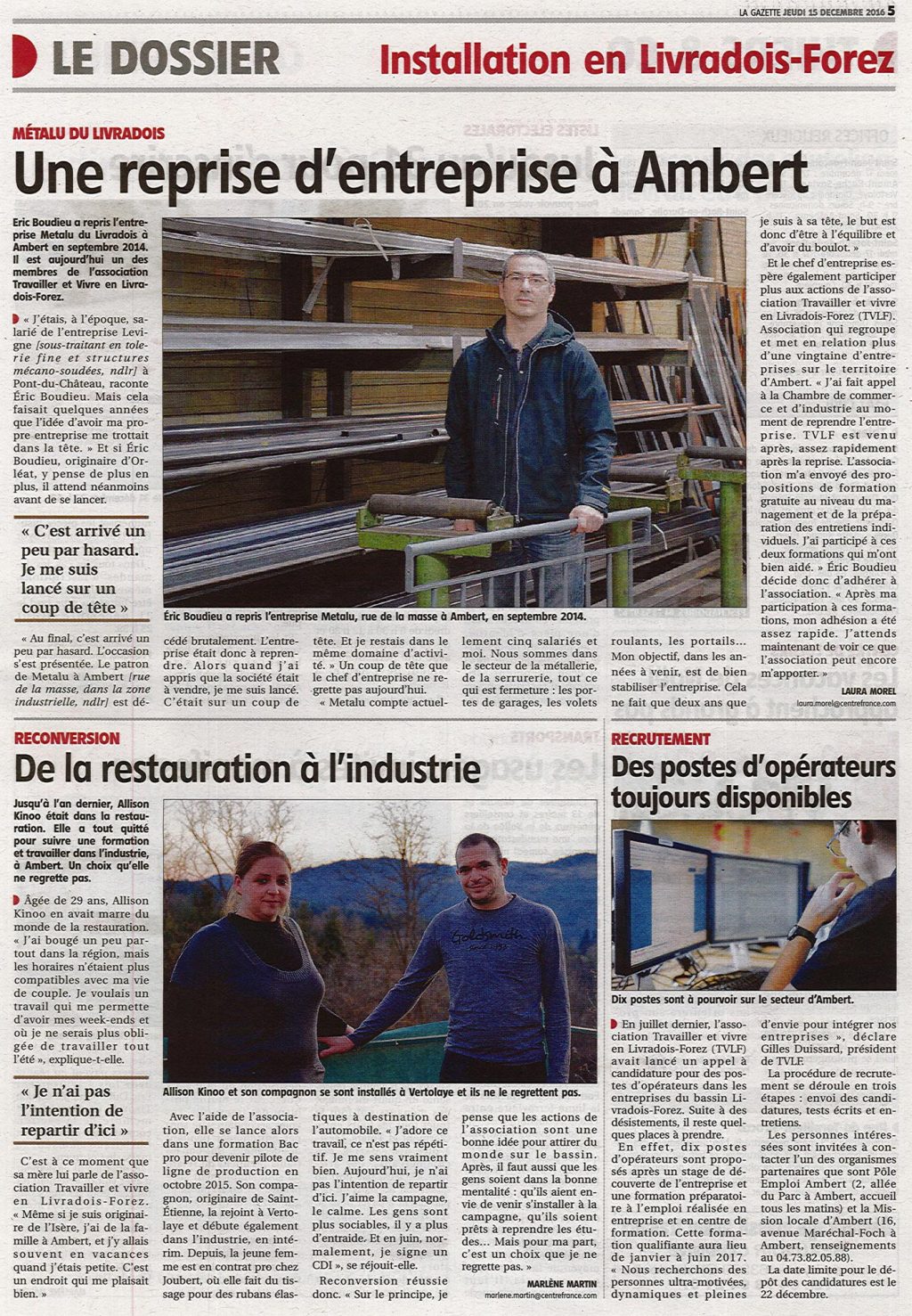 "Une reprise d'entreprise à Ambert" - La Gazette 15/12/2016